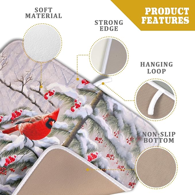 Red Birds Dish Drying Mat Winter Berry Dish Drainer Mats Absorbent Reversible Microfiber Kitchen Countertop Protector Dishes Pad 16x18 inch