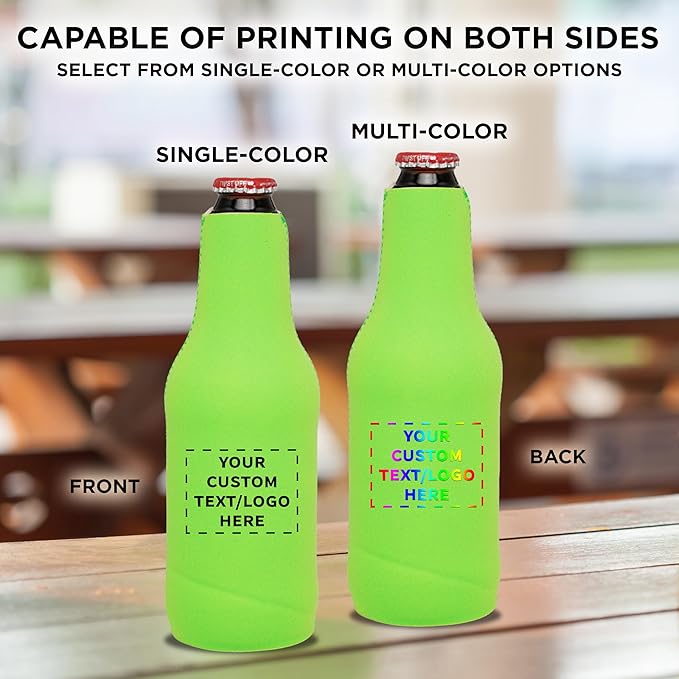 50 Neoprene Zippered Beer Bottle Coolies Pack - Customizable Text, Logo - Sharkskin Rubber Bottom - Lime Green