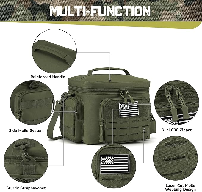 QT&QY Tactical Lunch Bag for Mens Military Heavy Duty Lunch Box Work Leakproof Insulated Durable Thermal Cooler Bag for Adult Meal for Office Camping Picnic Pail MOLLE Webbing Army Green
