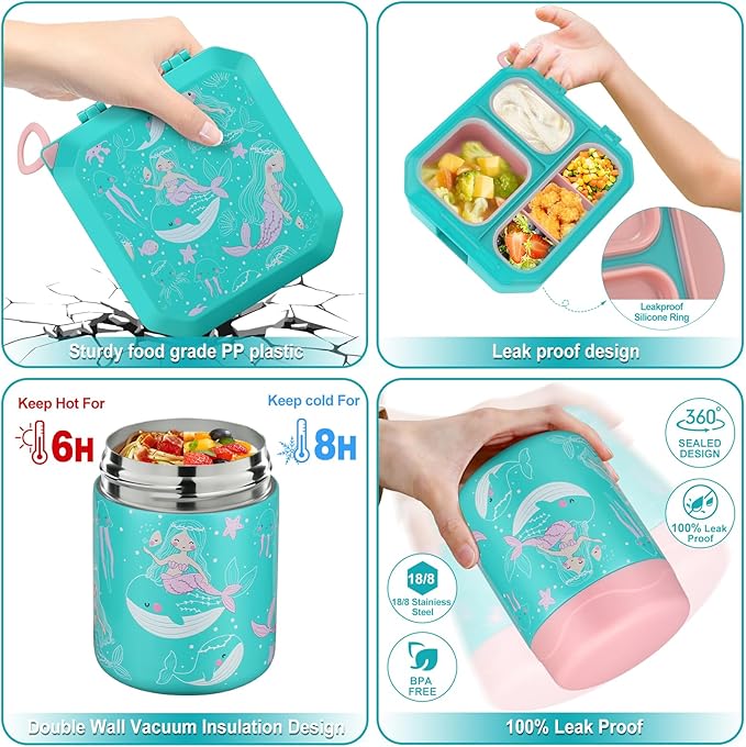 Bento Lunch Box for Kids with 12oz Soup Thermo Leak-Proof Lunch Food Container with 5 Compartment Thermo Hot Food Jar and Insulated Lunch Bag for Kid Toddler Girls Boys to School