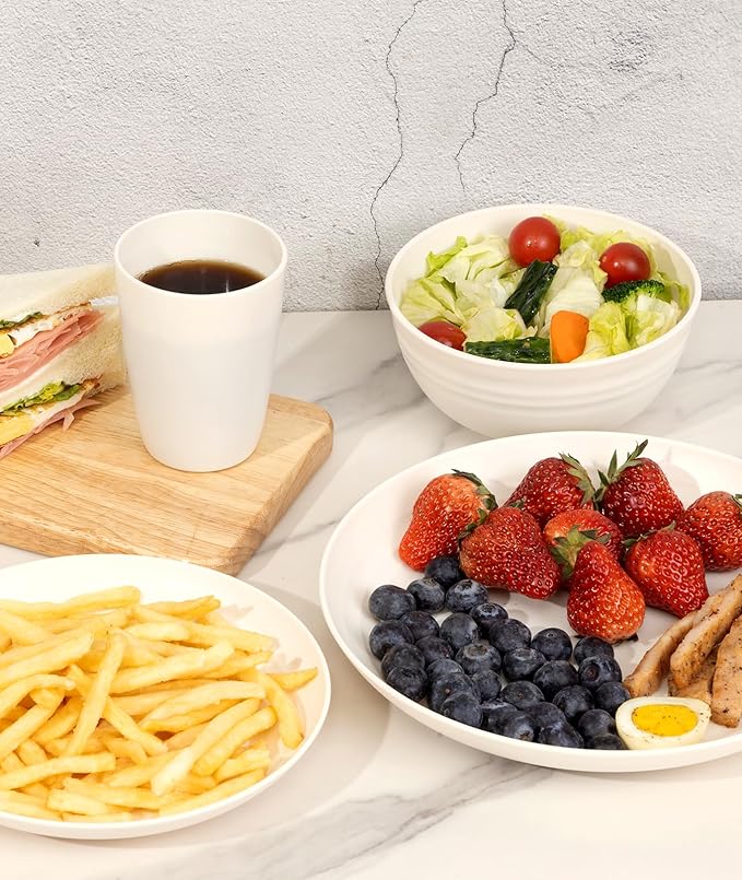 Quatish 32 Piece Plates and Bowls Sets for 8, Unbreakable Dinnerware Sets, Plastic Dish Set for Camping, Dishwasher Microwave Safe, Outdoor Kitchen and Apartment Dinning RV Essentials, Beige