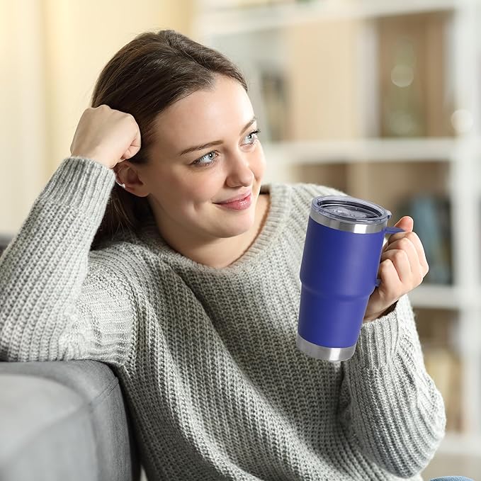 20oz Tumbler Bulk with Lid, Stainless Steel Tumbler Bulk with Handle, Metal Insulated Travel Coffee Mug Set with Handle, Double Wall Vacuum Leak Proof Tumbler Cup, Blue 12 Pack