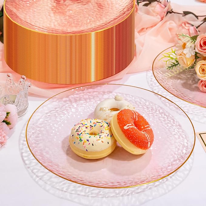 Rubtlamp 100 Pcs Pink And Gold Plastic Plates - 10 inch Clear Pink Gold Dinner Plates - Hammer Pattern Design - Fancy Disposable Plates - Heavy-Duty Party Plates Ideal for Mother's Day