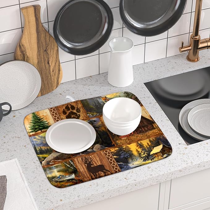 Bear Deer Fox Dish Drying Mat Rustic Cabin Lodge Dish Drainer Mats 16x18 Inch Absorbent Washable Dishes Rack Pad for Sink Kitchen Counter