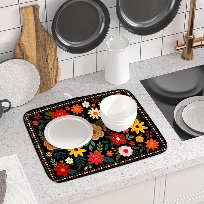 Boho Floral Dish Drying Mat 16x18 Inch Colorful Flower Dishes Dry Mats Absorbent Washable Drainer Rack Pad Protective Kitchen Counter Decor
