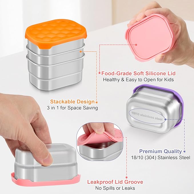 TeamFar 3 Pcs Stainless Steel Snack Containers for Kids, 8 OZ Small Food Container with Silicone Lid Easy Open Leak Proof, Metal Toddler Lunch Bento Box for Child Daycare School, MultiColor