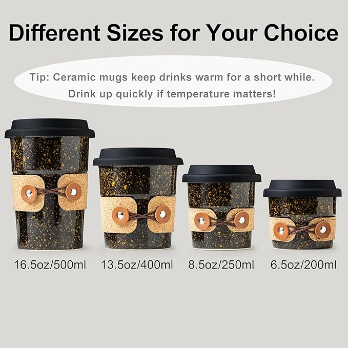 Travel Coffee Mug, Ceramic Coffee Tumbler with Lid, Porcelain Tea Mug, Reusable Camp Cups, Microwave & Dishwasher Safe, Modern Style, Gifts for Men and Women, 8.5oz