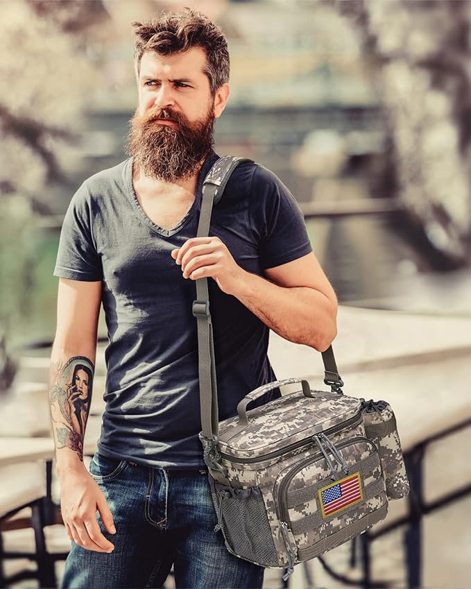 TACTICISM Tactical Lunch Box for Men, 12L MOLLE Lunch Bag Adult, Up to 8 Hours Insulated lunchbox, Large Durable Leakproof Cooler with Detachable Water Bottle Pouch, for Work Camping, ACU Camo