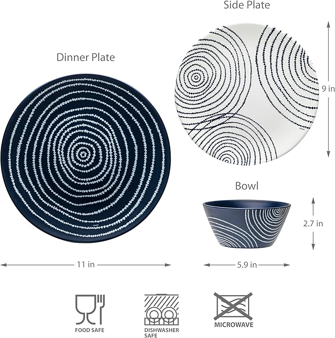 bzyoo 12 Piece Melamine Dinnerware Set - Durable, Dishwasher Safe Blue Plates and Bowls - Dining, Parties, Camping Dish Set Blue Planet Collection