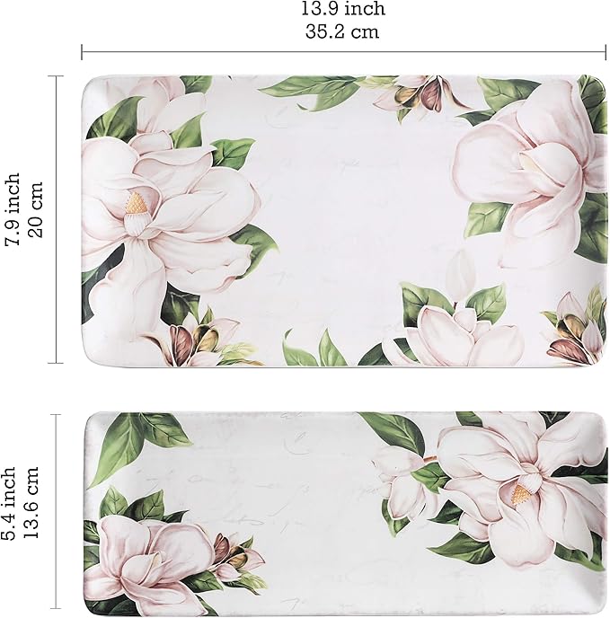 Bico Magnolia Floral Ceramic 14 inch Rectangular Serving Platter, Set of 2, for Serving Salad, Pasta, Cheese, Ham, Appetizer, Microwave & Dishwasher Safe
