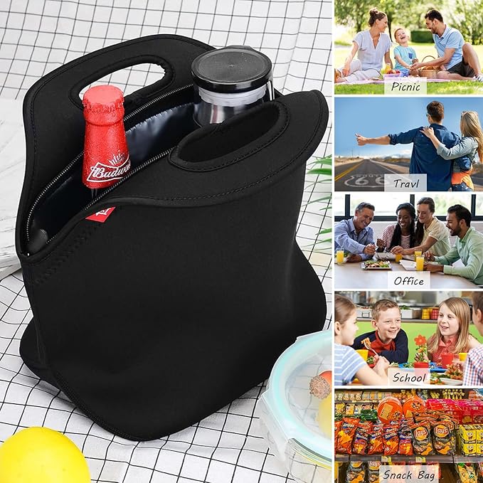 yookee home Waterproof Lunch Bag Double Layer Leakproof Neoprene Insulated Lunch Bag Freezable Black Reusable Thermal Lunch Cooler Tote Lunch Box for Boys Men Women Adult Kids for Work Outdoor
