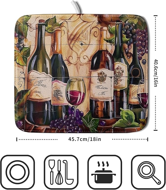 Wine Dish Drying Mat for Kitchen Counter Vintage Wine Glasses Dish Drainer Mats Absorbent Microfiber Dishes Pad Reusable Washable Large Dish Draining Mat 16x18 Inch