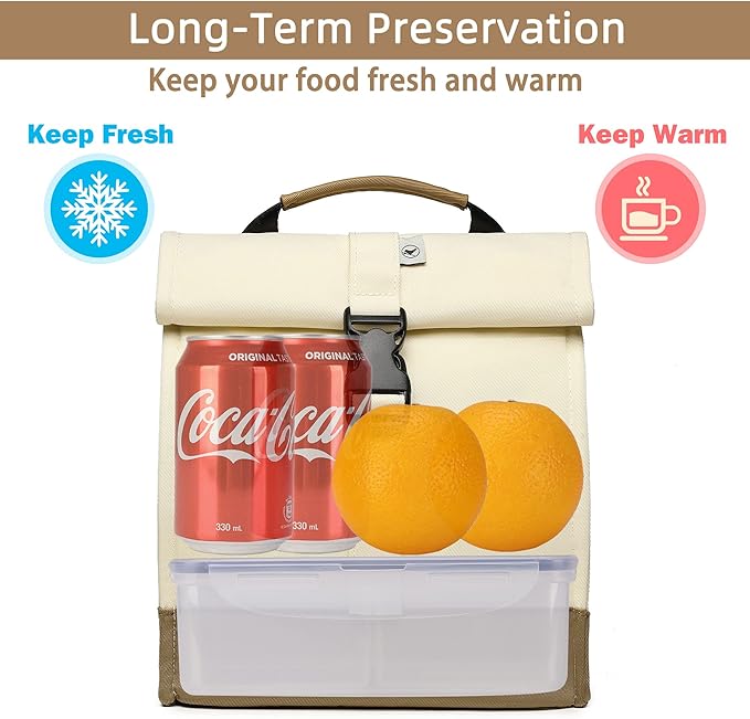 SUNNY BIRD Insulated Lunch Bag Rolltop Lunch Box Medium Lunch Cooler Tote for Women, Girls, Teens and Adults (White)
