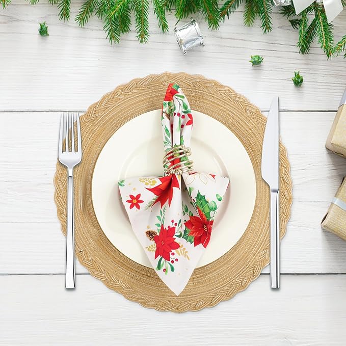 Christmas Red Flower Napkins, 18×18 Inch Dinner Cloth Napkins Set of 6, Washable Cotton Soft Absorbent Square Napkins for Dining Kitchen Party Wedding Decoration