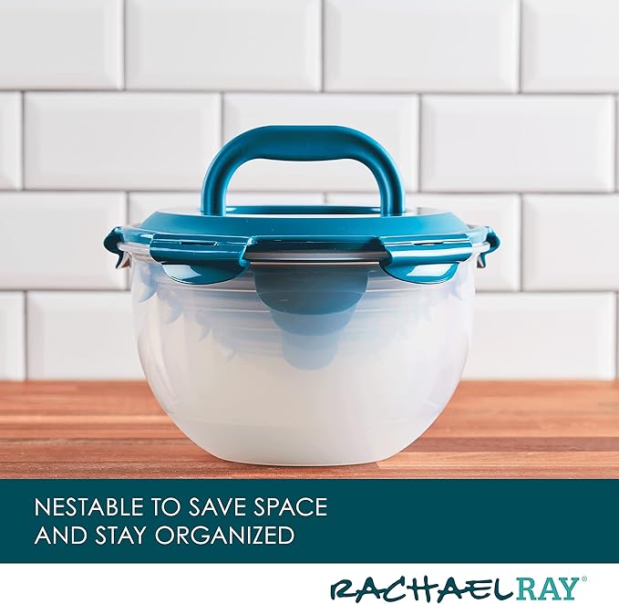 Rachael Ray Leak-Proof Nestable Container Food Storage Bin Set, 10-Piece, Clear with Teal Lids