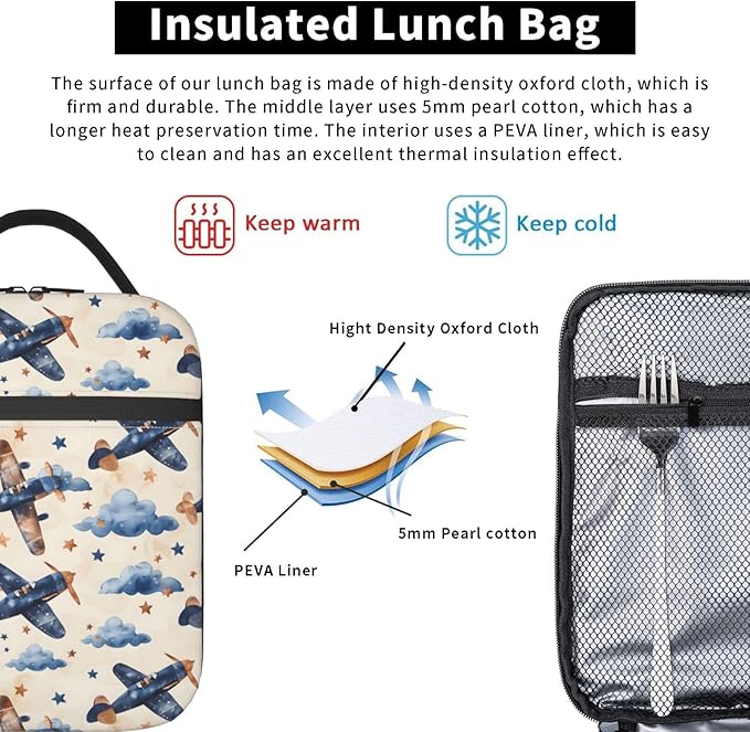 Vintage Airplane Lunch Box for Adults Kids, Insulated Cooler Polyester Lunchbag, Cloud and Star Pattern Handbags for Picnic, School, Office, Travel, Portable Reusable Tote Thermal Bags