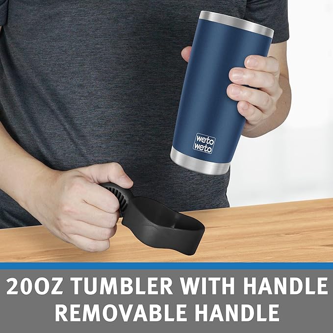 WETOWETO 20oz Tumbler with 2 lids and 2 straws, Stainless Steel Vacuum Insulated Water Coffee Tumbler Cup with Handle, Double Wall Powder Coated Spill-Proof Travel Mug Thermal Cup (Navy Blue, 1 Pack)