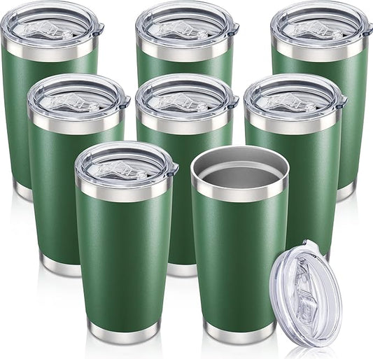 20 oz Tumbler with Lid Stainless Steel Insulated Tumblers Bulk Double Wall Vacuum Cups Powder Coated Travel Mug Keep Drink Cold and Hot, Dark Green, 8 Pack