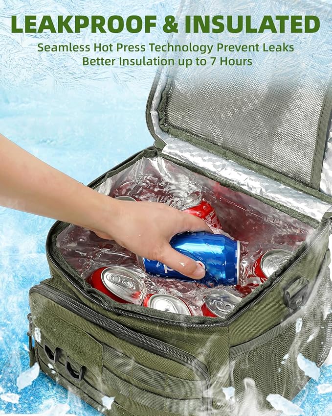RalChyez Tactical Lunch Box, 13L Large Insulated Lunch Bag MOLLE Webbing Leakproof Thermal Cooler with Shoulder Strap Lunch Pail for Adult Men Women Office Work Camping Picnic Travel Green