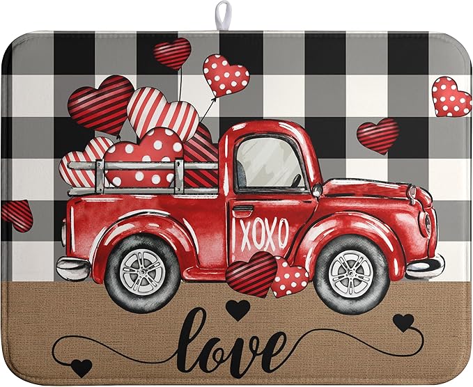 Valentines Dish Drying Mat Valentine Buffalo Plaid Hearts Kitchen Drying Pad Absorbent Dishes Dryer Mats 18x24 Inches