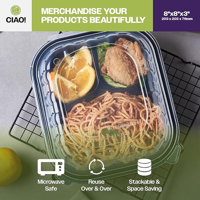 CIAO! 8"x8"x3" Polypropylene Black bottom with Clear Lid Hinged Container 3 Compartment Take Out Container, Microwavable, Recyclable and Reusable, (Case of 150)