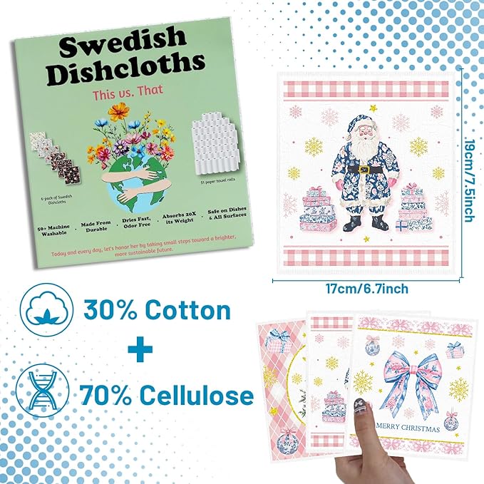 Christmas Swedish Dishcloths for Kitchen - 6PCS Nutcracker Swedish Cloths for Washing Dishes, Santa Bow Reusable Dish Towels Gifts, Merry Christmas Washable Cleaning Sponge Fast Drying