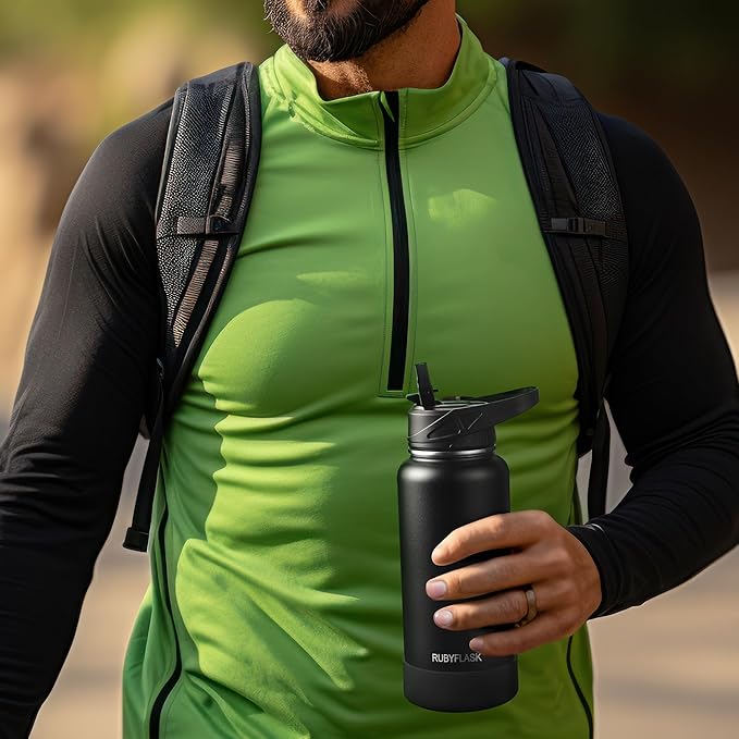 64oz Insulated Water Bottle with Straw, Half Gallon Stainless Steel Vacuum Water Jug, Large Thermal Water Bottle Flask with Leakproof 3 Lids for Travel, Camping, Gym Sports Navy