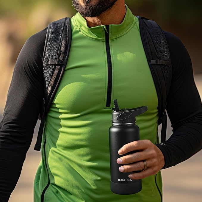 64oz Insulated Water Bottle with Straw, Half Gallon Stainless Steel Vacuum Water Jug, Large Thermal Water Bottle Flask with Leakproof 3 Lids for Travel, Camping, Gym Sports Black Gray