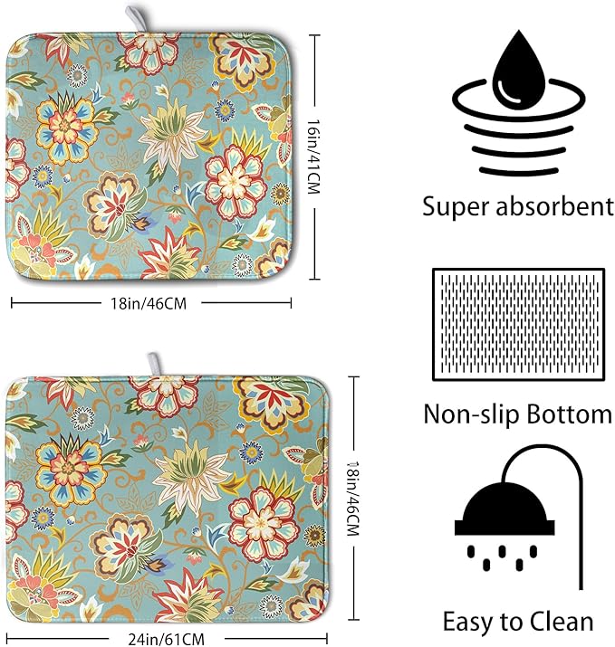 Boho Floral Kitchen Dish Drying Mat for Dishes 18x24 Inch Vintage Mandala Colorful Flowers Drying Mat Green Bohemian Dish Drainer Mat Super Absorbent Dish Rack Pad for Coffee Bar Sinks