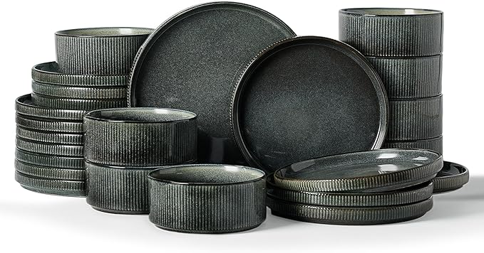 Famiware Star Dinnerware Set, Plates and Bowls Sets for 8 (24pcs), Ribbed Stoneware Dishes - Chip & Scratch Resistant, Microwave & Dishwasher Safe, Deep Forest