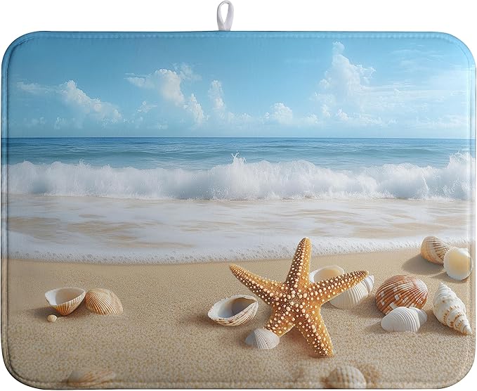 Summer Ocean Beach Blue Dish Drying Mat Sea Shell Starfish Large Kitchen Mat Dish Drying Pad Absorbent Dish Dryer Mat for Kitchen Countertops Microfiber Drainer Pad Dish Drying Rack Mat (18x24 in)