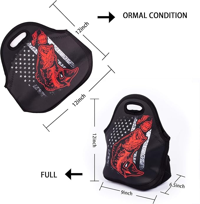 Portable Cooler Bag Bass Fishing Lure And American Flag Lunch Box Package with Adjustable Strap for Boys Teens Work Travel and Picnic