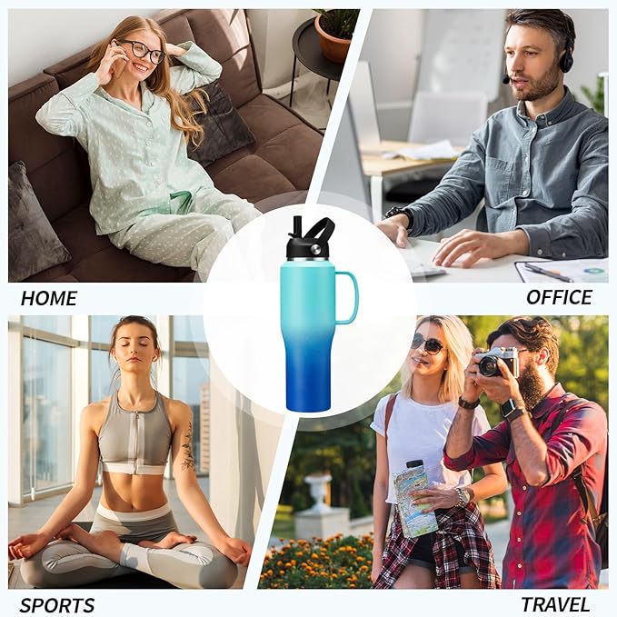 32oz Insulated Water Bottle - with Straw & Spout Lid, Strap Carrier Bag, Cold-48H & Hot-24H, Stainless Steel Travel Tumblers with Handle, Reusable Slim Water Bottle that Fits in Cup Holder