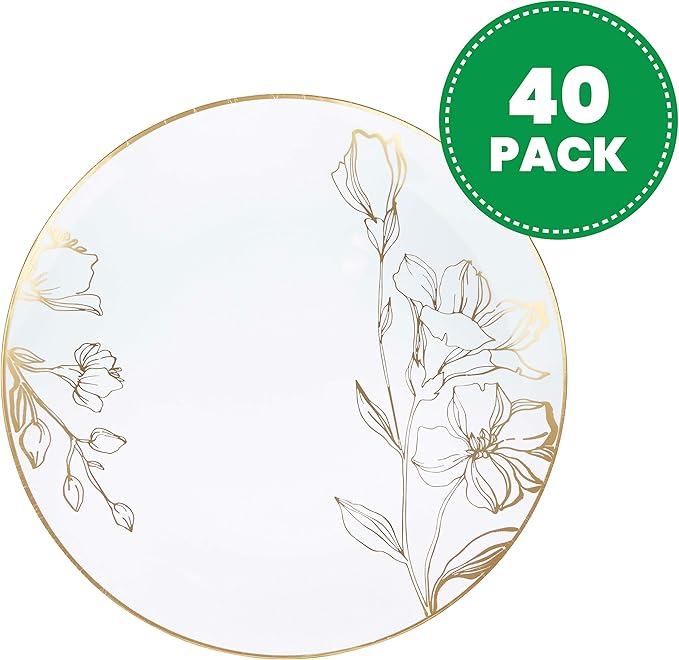 [10'' Plates 40 Count] White Plastic Floral Design Party Dinner Plates With Gold Rim Premium heavyweight Elegant Disposable Tableware Dishes