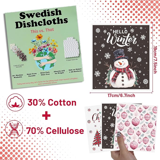 Winter Christmas Swedish Dishcloths for Kitchen - 6PCS Joy to the World Swedish Cloths for Washing Dishes, Snowman Merry Xmas Reusable Dish Towels, Holiday Winter Washable Cleaning Sponge Gift