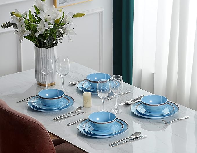 Melamine Dinnerware Set, Plates And Bowls Sets for 4, 12PCS Blue Color Dinnerware Sets, Unbreakable Dinnerware Dishwasher Safe BPA Free(Blue)