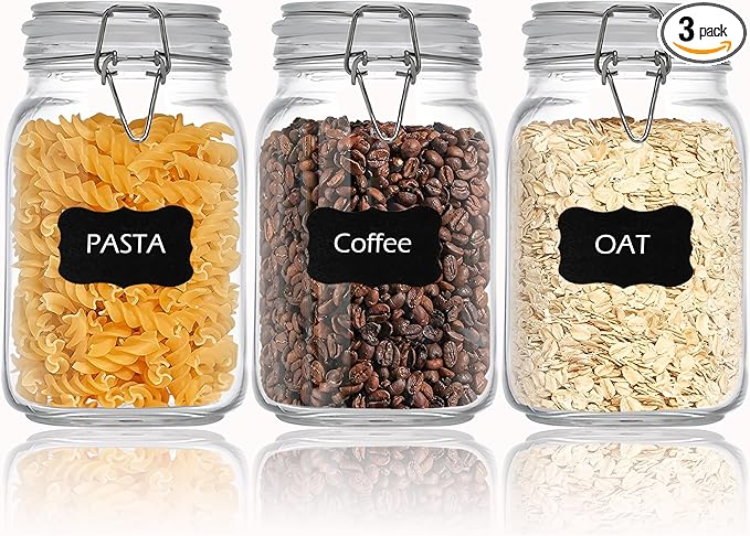 Clear Food Storage Jars 50oz Square, Airtight Glass Canister with Lids Set of 3, Kitchen & Pantry Organization Food Storage Container for Canning, Sugar, Flour, Candy, Cereal, Coffee