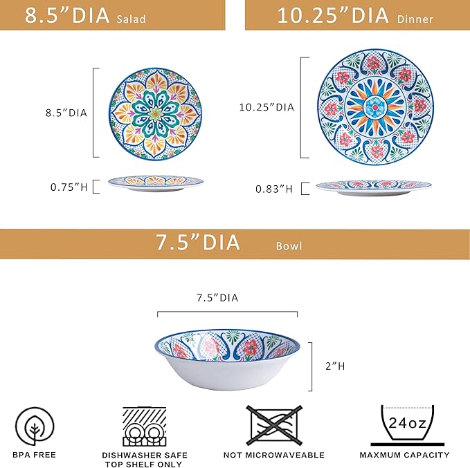 18 Pieces Melamine Dinnerware Sets, Service for 6, Paisley Kitchen Plates and Bowls Set, Unbreakable & Lightweight Dinnerware Set, Camping Dishs Indoor Outdoor Use, Spanish Floral Pattern