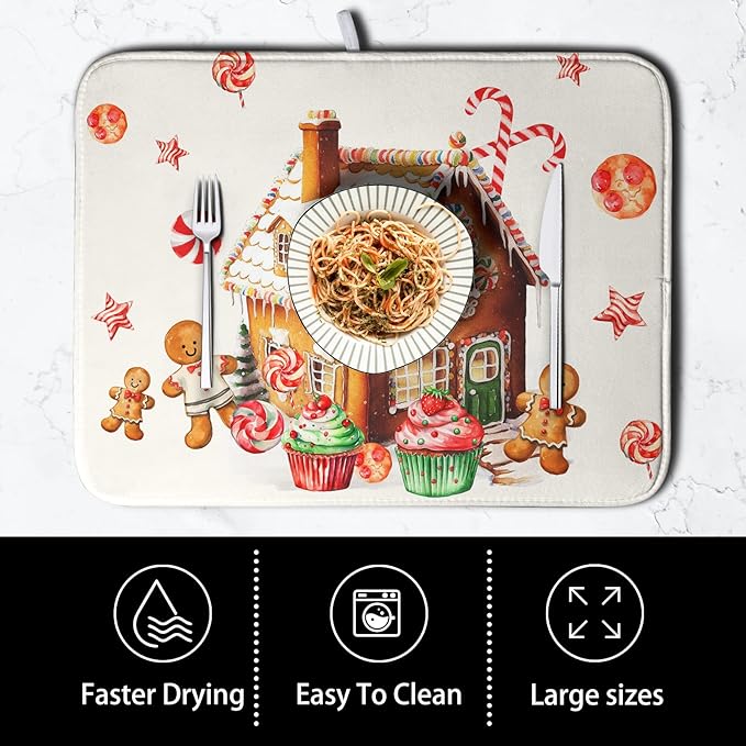 Christmas Dish Drying Mat for Kitchen Counter 16x18 Gingerbread House Man Candy Canes Cookie Cake Drying Mat for Dishes Xmas Winter Holiday Microfiber Drying Pad Dish Drying Pad for Coffee Bar Sink