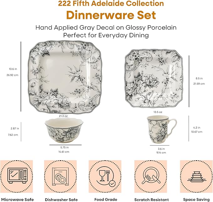 222 Fifth Adelaide 16-Piece Square Floral Dinnerware Set – Service for 4, Grey & White Porcelain Plates & Bowls, for Everyday Dining & Entertainment, Microwave & Dishwasher Safe, Chip Resistant