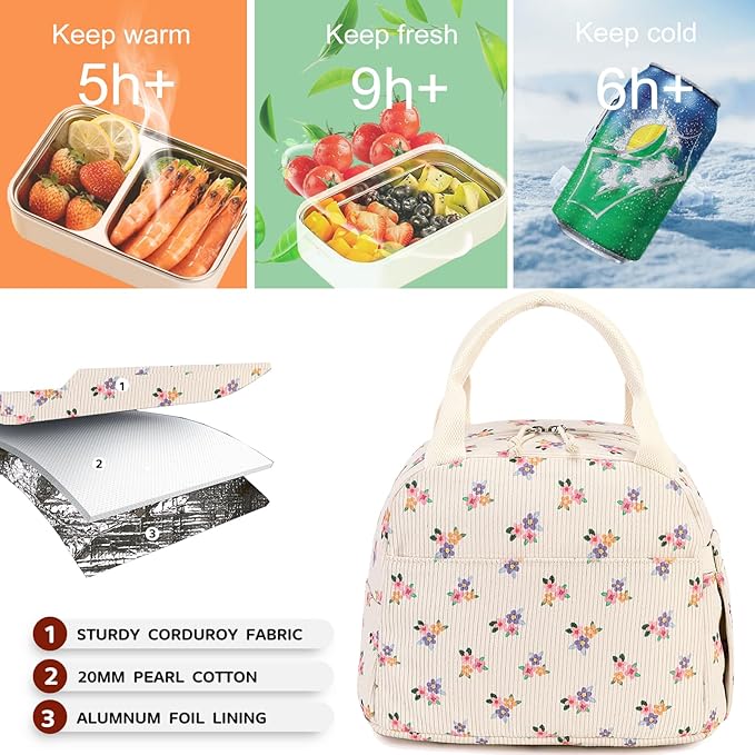 Bluboon Lunch Box for Women men Insulated Cute Corduroy Lunch bag, Reusable Cooler Bag for Work, Picnic, Travel