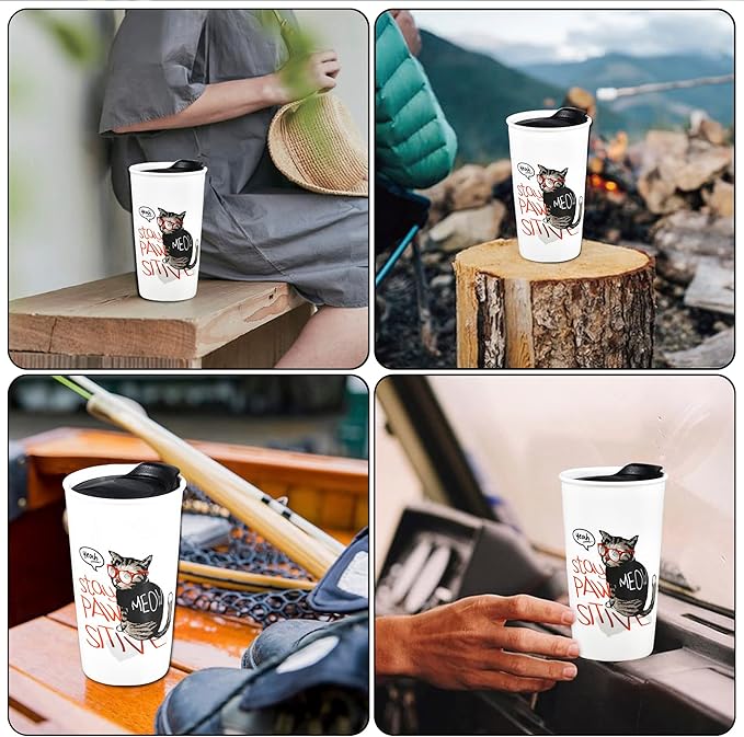 Ceramic Travel Coffee Mug, Reusable White Mug Unique To Go Coffee Cup with Splash Resistant Lid, Cute Travel Mugs for Cat Mon Dad Cat Lovers, 12 Ounce, Funny MEOW with Glasses Decor (Stay Paw Sitive)