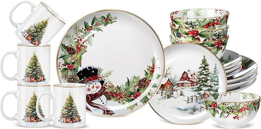 16 Pcs Snowman Christmas Dishes Dinnerware Set of 4 Guest Holiday Dinner Plates Ceramic Vintage Christmas Salad Plates Holly Ivy Bowl Mug Serving Dishes Gift for Xmas Village Tree Kitchen Decoration