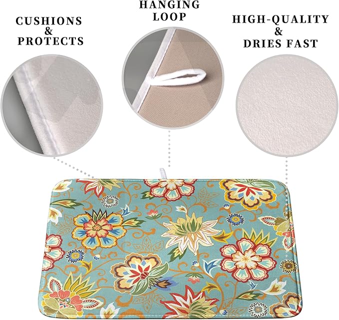 Boho Floral Kitchen Dish Drying Mat for Dishes 18x24 Inch Vintage Mandala Colorful Flowers Drying Mat Green Bohemian Dish Drainer Mat Super Absorbent Dish Rack Pad for Coffee Bar Sinks