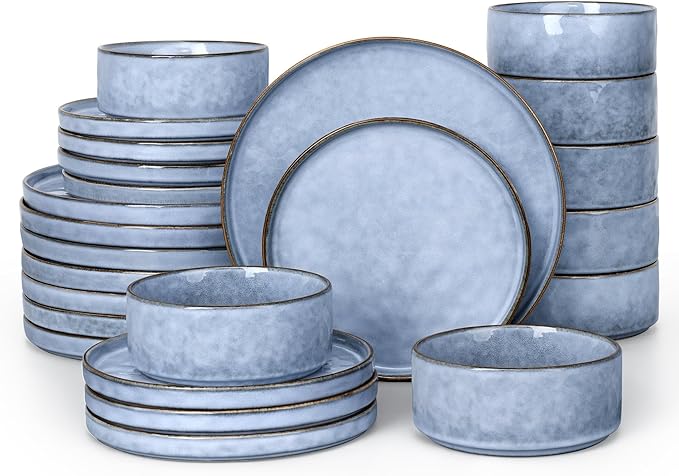 LIANYU 24 Pcs Plates and Bowls Dinnerware Sets for 8, Stoneware Dinner Dish Set, Dishware for Dessert Salad Pasta, Microwave & Dishwasher Safe, Serenity Blue
