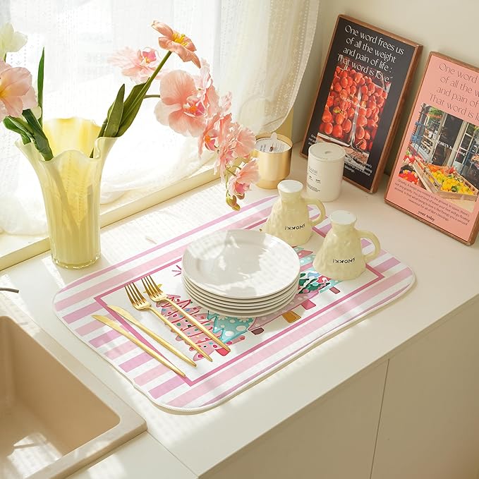 Christmas Dish Drying Mats 18x24 Inch Stripes Watercolor Pink Christmas Trees Star Drying Mats Xmas Winter Holiday Kitchen Decor Absorbent Drying Dish Pad for Kitchen Dining Room Counter