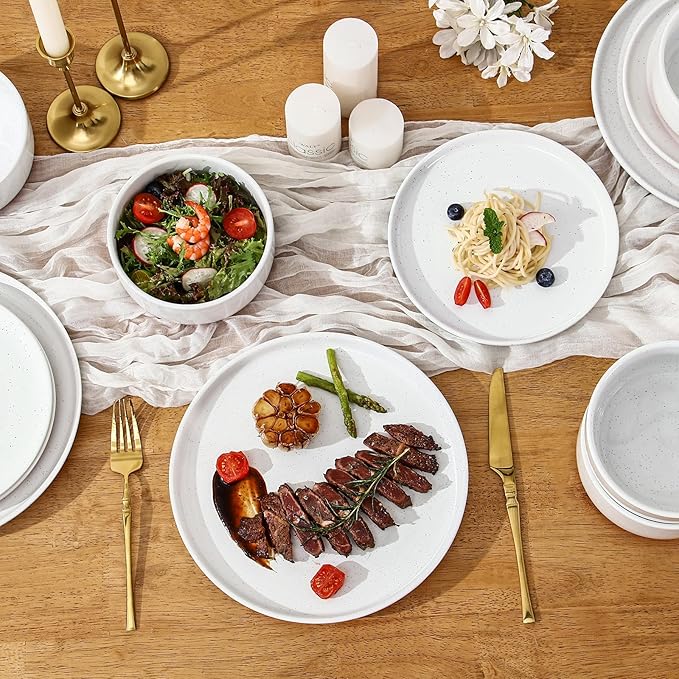 GZG Modern Art Series - 6 Pcs Speckled Stoneware Plates and Bowls Sets, Ceramic Dinnerware Set with Rustic Terracotta Underside, Microwave and Dishwasher Safe Handcrafted Dishes Set - Porcelain White