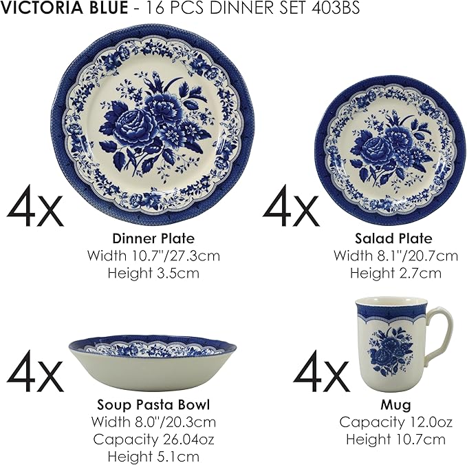 Tudor Royal 16-Piece Porcelain Round Dinnerware Set, Service for 4, Victoria Blue Design, Blue Floral, Plates Bowls Dishes, Glossy, Premium Quality Tableware, Unique Pattern