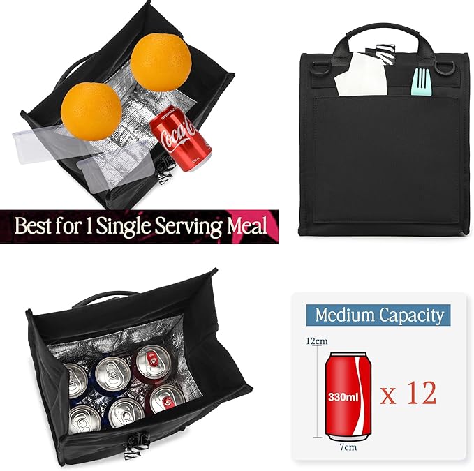 SUNNY BIRD Insulated Lunch Bag Rolltop Lunch Box Tote Bag for Women, Men, Adults and Teens (Black with white strap)