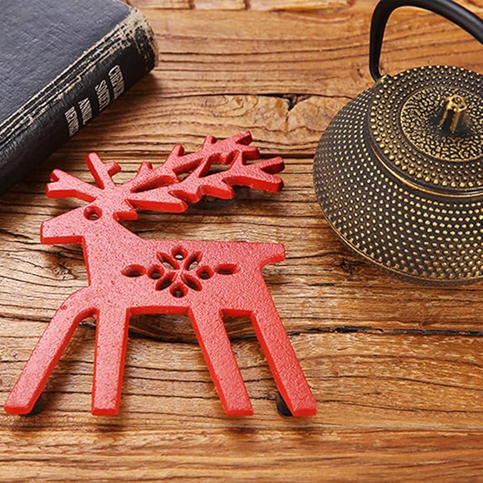 Tinsow Christmas Cast Iron Trivet for Hot Dishes Pot Holder for Kitchen Or Dinning Table Red Cup Mug Coasters coTrivet with Rubber Pegs Feet Red Elk Snowflake (Elk)